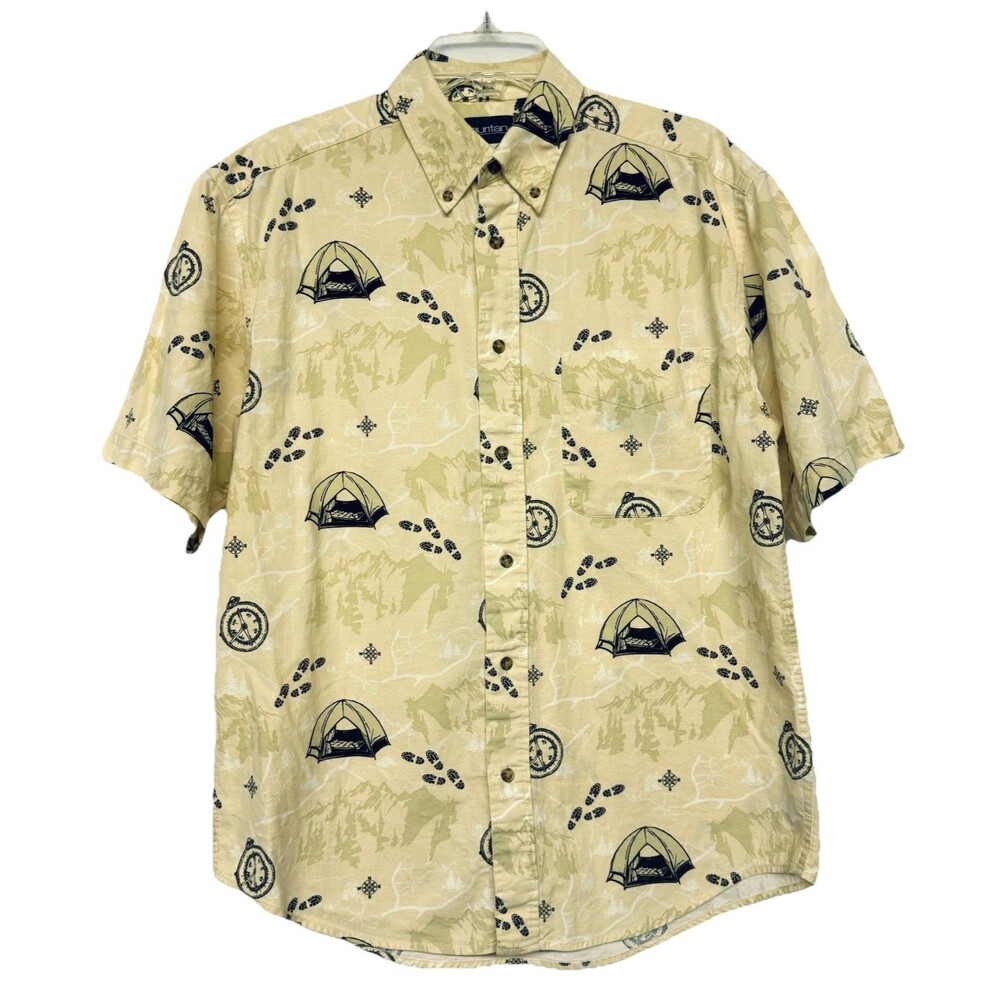 Puritan Button Up Shirt Men's Medium Camping Themed Campy Button Up Compass Tent